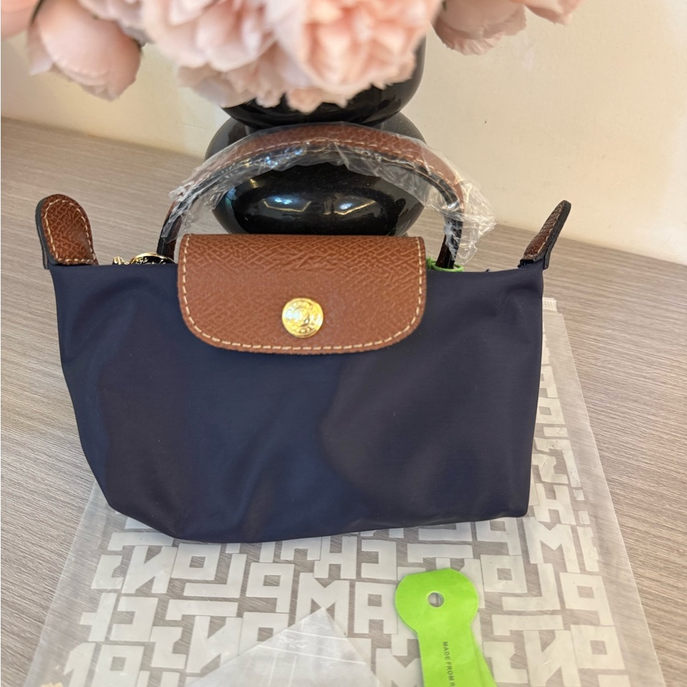 Longchamp Navy Mini Top-Handle with Brown Trim and Gold Button